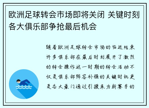 欧洲足球转会市场即将关闭 关键时刻各大俱乐部争抢最后机会