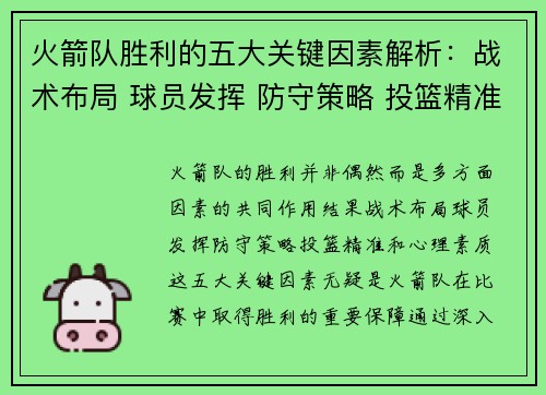 火箭队胜利的五大关键因素解析：战术布局 球员发挥 防守策略 投篮精准 心理素质