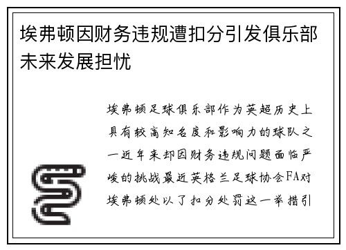 埃弗顿因财务违规遭扣分引发俱乐部未来发展担忧