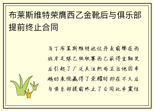布莱斯维特荣膺西乙金靴后与俱乐部提前终止合同