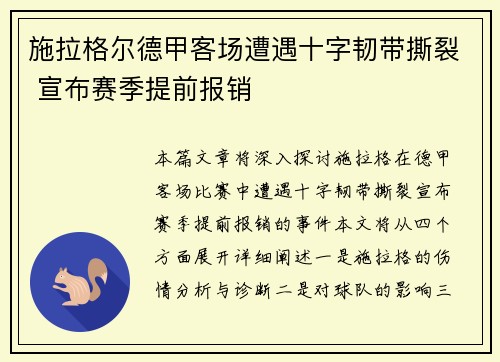 施拉格尔德甲客场遭遇十字韧带撕裂 宣布赛季提前报销 施拉格尔德甲客场遭遇十字韧带撕裂 宣布赛季提前报销
