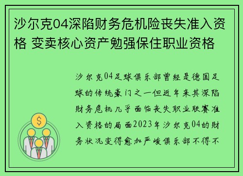 沙尔克04深陷财务危机险丧失准入资格 变卖核心资产勉强保住职业资格